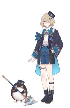 1boy absurdres alternate_costume blonde_hair blue_eyes boots freminet_(genshin_impact) genshin_impact gloves hair_over_one_eye hat highres legs male_focus mini_hat non-humanoid_robot pers_thepenguin robot robot_animal shorts smile white_background white_gloves