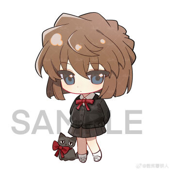 Rule 34 | 1girl, animal, arms behind back, bisho imobing hito, black sweater, blue eyes, bow, brown hair, cat, chibi, chibi only, chinese commentary, closed mouth, commentary request, full body, haibara ai, highres, long sleeves, looking at viewer, meitantei conan, pleated skirt, red bow, shoes, short hair, simple background, skirt, solo, sweater, white background, white shoes
