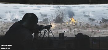 6+boys ammunition_belt ammunition_box bipod combat_helmet commentary czech_hedgehog english_commentary explosion firing gun helmet invasion_of_normandy landing_craft landscape machine_gun mg42 military multiple_boys original patton_wang scenery ship soldier stahlhelm utah_beach watercraft weapon world_war_ii