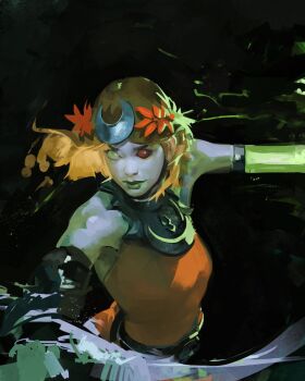 1girl ancient_greek_clothes asymmetrical_arms black_sclera blonde_hair bone colored_sclera dress glowing_arm greco-roman_clothes green_lips hades_(series) hades_2 highres holding holding_sickle kanji_(nievart) laurel_crown melinoe_(hades) mismatched_sclera orange_dress red_eyes see-through_body short_hair sickle skeletal_arm solo