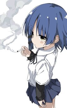 1girl blue_hair bocchi_the_rock! cigarette clothes_lift commentary_request highres holding holding_cigarette looking_at_viewer maho_ron1 short_hair skirt smoke smoke_trail solo yamada_ryo yellow_eyes