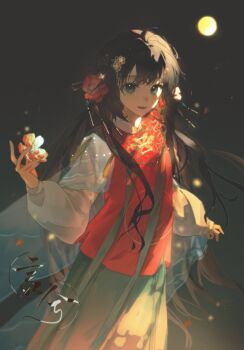 1girl absurdres black_background black_hair blue_eyes bug butterfly chinese_clothes flower full_moon hair_flower hair_ornament hair_stick highres holding insect long_hair long_sleeves looking_at_viewer moon night open_mouth original puffy_long_sleeves puffy_sleeves red_flower see-through_clothes skirt smile solo very_long_hair yanxi_yanxi