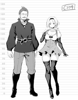 1boy 1girl absurdres backpack bag beard belt boots bow djeeta_(granblue_fantasy) elbow_gloves facial_hair gloves granblue_fantasy height_chart height_difference highres kneehighs monochrome mustache nanahara_fuyuki npc_(granblue_fantasy) shirt short_hair skirt socks thick_thighs thighhighs thighs zettai_ryouiki