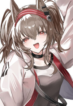 Rule 34 | 1girl, :d, absurdres, angelina (arknights), animal ear fluff, animal ears, arknights, black choker, breasts, brown hair, choker, coat, commentary, earpiece, fox ears, fox girl, hair between eyes, hairband, highres, horobu, infection monitor (arknights), jacket, light blush, long hair, looking at viewer, medium breasts, medium hair, open clothes, open jacket, open mouth, red eyes, red hairband, red jacket, simple background, smile, solo, striped clothes, striped hairband, twintails, twitter username, two-tone hairband, unzipped, upper body, white background, white coat