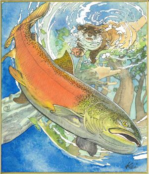 air_bubble animal animal_focus bubble commentary_request diving fish from_below highres honjo_kei leaf log looking_at_animal no_humans open_mouth original otter predation shikishi signature swimming traditional_media tree trout underwater
