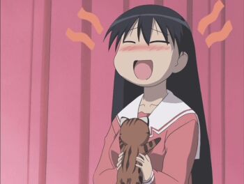 Rule 34 | 1girl, ^ ^, animated, animated gif, anime screenshot, azumanga daiou, black hair, blush, cat, closed eyes, fangs, hug, iriomote cat, long hair, mayaa (azumanga daioh), non-web source, sakaki (azumanga daioh), school uniform, serafuku, smile