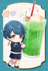 Rule 34 | 1boy, black shirt, black shorts, blue hair, cherry, closed mouth, cup, drinking straw, earrings, food, fruit, fukaya miku, genshin impact, glass, highres, holding, holding cup, ice cream, jewelry, juice, long sleeves, looking at viewer, male focus, multiple boys, shirt, short hair, shorts, simple background, single earring, smile, solo, xingqiu (genshin impact), yellow eyes