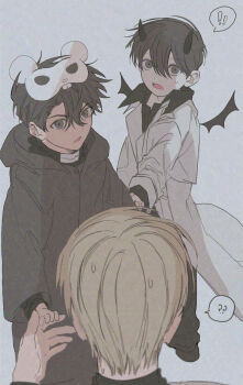 ! 3boys ? bat_wings black_hoodie black_shirt blonde_hair child coat collared_shirt costume demon_horns from_above highres holding_hands hood hood_down hoodie horns kim_dokja lee_hakhyun mask mask_on_head mini_wings multiple_boys omniscient_reader&#039;s_viewpoint open_clothes open_coat paradero_91 shirt spoken_exclamation_mark spoken_question_mark sweatdrop white_coat wings yoo_joonghyuk