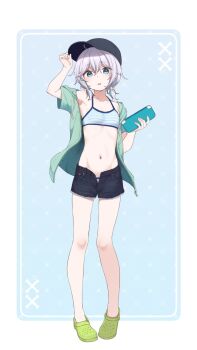 1girl arm_up baseball_cap bikini bikini_under_clothes black_hat black_shorts blue_background blue_eyes blush breasts collarbone commentary crocs drawstring full_body green_jacket green_shoes grey_hair groin hair_between_eyes hair_ornament hand_on_headwear hand_up hat highres holding hood hood_down hooded_jacket jacket looking_at_viewer low_twintails nagami_yuu navel open_clothes open_fly open_jacket open_shorts original parted_lips shoes short_shorts short_sleeves short_twintails shorts small_breasts solo standing star_(symbol) star_hair_ornament striped_bikini striped_clothes swimsuit symbol-only_commentary twintails