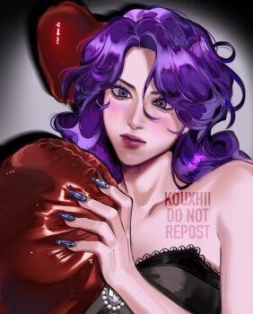 Rule 34 | 1girl, :|, aegyo sal, alternate eye color, alternate skin color, balloon, bare shoulders, black shirt, blue nails, blush, breasts, closed mouth, collarbone, commentary, curly hair, curtained hair, drop shadow, english commentary, facing viewer, fingernails, gem, grey background, grey gem, hair between eyes, hand up, heart, heart balloon, highres, holding, holding balloon, kouxhii, lace, lace-trimmed shirt, lace trim, lips, long fingernails, looking at object, looking down, medium hair, mole, mole on nose, mole under eye, my little pony, my little pony: equestria girls, my little pony: friendship is magic, nail polish, pink lips, purple eyes, purple hair, rarity (equestria girls), rarity (my little pony), realistic, shirt, simple background, small breasts, solo, strapless, strapless shirt, thick eyebrows, tsurime, twitter username, upper body, watermark