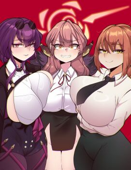 3girls aru_(blue_archive) black_pants blue_archive breast_press breasts chainsaw_man chocotoffy eyelashes female_focus halo highres honkai:_star_rail honkai_(series) kafka_(honkai:_star_rail) large_breasts looking_at_viewer makima_(chainsaw_man) multiple_girls necktie pants purple_hair skindentation slit_pupils smile sunglasses_on_head thick_thighs thighs yellow_eyes