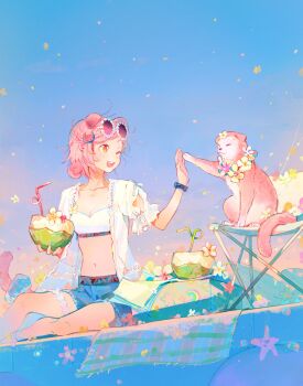1girl ;d animal_ears arknights bra bracelet bubble cat coconut commentary drinking_straw flower flower_necklace fruit_cup goldenglow_(arknights) goldenglow_(summer_flowers)_(arknights) high_five highres jewelry lingcod_dayu looking_at_another necklace one_eye_closed open_mouth petals pink_hair shorts smile sunglasses symbol-only_commentary tablecloth tail thigh_strap underwear white_bra