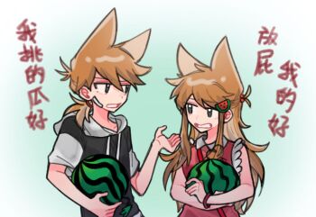 Rule 34 | 1boy, 1girl, alternate costume, alternate hairstyle, animification, black eyes, black hoodie, brown hair, buwangchuxingaoyixin, chinese commentary, chinese text, commentary request, dual persona, eddsworld, food, food-themed hair ornament, fruit, genderswap, genderswap (mtf), hair bobbles, hair ears, hair ornament, holding, holding food, holding fruit, holding watermelon, hood, hood down, hoodie, long hair, low ponytail, medium hair, ponytail, red shirt, shirt, simple background, tord (eddsworld), tori (eddsworld), translation request, upper body, watermelon, watermelon hair ornament
