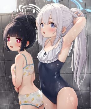 2girls absurdres armpits arms_up bikini black_hair blue_archive blue_eyes blue_halo blue_one-piece_swimsuit blush breasts casual_one-piece_swimsuit commentary comodox covered_navel cowboy_shot english_commentary frilled_one-piece_swimsuit frills hair_bun halo highres indoors leaf_print long_hair looking_at_viewer miyako_(blue_archive) miyako_(swimsuit)_(blue_archive) miyu_(blue_archive) miyu_(swimsuit)_(blue_archive) multiple_girls official_alternate_costume one-piece_swimsuit open_mouth ponytail print_bikini red_eyes shower_(place) showering small_breasts swimsuit tile_wall tiles variant_set white_bikini white_halo