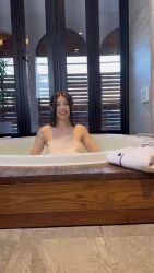 1girl animated asian bath bathing bathroom bathtub black_hair convenient_censoring highres indoors long_hair looking_at_viewer navel nude parted_lips real_life saotome_kana smile soap_bubbles soap_censor solo sound standing tagme teeth video