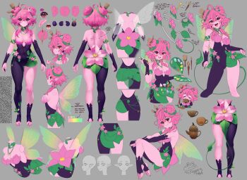 1girl absurdres acorn ass bodysuit breasts cleavage colored_sclera colored_skin cup drinking english_text fairy fairy_wings feet flower froggyloch froggyloch_(vtuber) green_nails hair_bun hair_flower hair_ornament highres indie_virtual_youtuber jewelry leaf legs medium_breasts open_mouth paint paint_palette paintbrush paintbrush_hair_ornament petals pink_hair pink_skin pointy_ears red_eyes reference_sheet ring signature skirt smile snail snail_shell tail thighs toe_ring toes tongue virtual_youtuber wings yellow_sclera