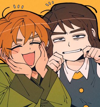 abaddon_(haunted_hotel) blue_eyes brown_hair cheek_pull coat commentary_request esther_freeling green_coat hand_on_own_face hands_up haunted_hotel highres insidej043 korean_commentary looking_at_viewer notice_lines orange_hair short_hair simple_background upper_body yellow_background