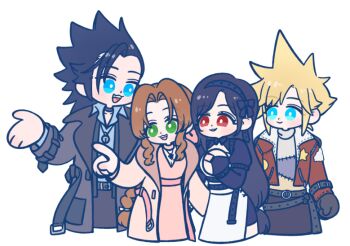 105zz 2boys 2girls aerith_gainsborough alternate_costume belt belt_buckle black_coat black_hair black_hairband black_pants black_ribbon black_shirt blonde_hair blue_eyes blue_shirt blush braid braided_ponytail brown_hair brown_jacket buckle casual closed_eyes closed_mouth cloud_strife coat collared_shirt commentary_request cowboy_shot cropped_legs dress drill_hair drill_sidelocks final_fantasy final_fantasy_vii green_eyes hair_ribbon hairband jacket jewelry juliet_sleeves long_hair long_sleeves low-tied_long_hair multiple_boys multiple_girls necklace open_clothes open_coat open_jacket open_mouth pants parted_bangs pink_dress pink_ribbon pointing puffy_sleeves red_eyes ribbon shirt short_hair sidelocks skirt smile spiked_hair sweater tifa_lockhart turtleneck turtleneck_sweater white_background white_skirt zack_fair