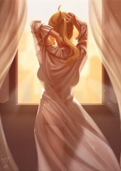 1girl adjusting_hair ahoge arms_up ass backboob blonde_hair breasts commentary commission curtains feet_out_of_frame from_behind highres indoors large_breasts long_hair long_sleeves mushoku_tensei nightgown no_bra no_panties norn_greyrat paid_reward_available ponytail see-through_clothes see-through_nightgown signature solo standing sushoartworks thighs white_nightgown window