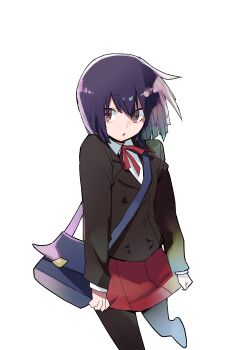 1girl absurdres awakusu_akane bag black_pantyhose bow bowtie brown_eyes child commentary_request cropped_legs durarara!! hair_between_eyes highres jacket lips loli long_sleeves looking_at_viewer medium_hair miniskirt open_mouth pa_yashi pantyhose parted_lips pleated_skirt purple_hair red_ribbon red_skirt ribbon school_bag school_uniform short_hair shoulder_bag simple_background skirt solo teeth upper_teeth_only white_background