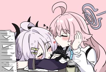 2girls ahoge blue_archive blue_necktie blush closed_eyes commentary cup demon_girl demon_horns e_v_e_neko grey_halo hair_ornament hairclip halo heart highres hina_(blue_archive) horns hoshino_(blue_archive) intentionally_missing_halo long_hair long_sleeves missing_halo mug multiple_girls necktie paper_stack parallel_hairclips pink_background pink_hair puffy_long_sleeves puffy_sleeves shirt sleeping white_shirt yuri zzz