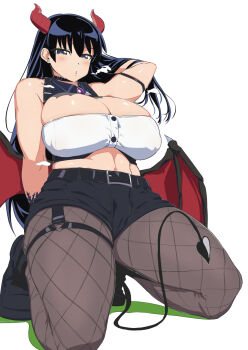 1girl anegawa_eiji arato_nagi belt black_belt black_eyes black_gloves black_hair black_shorts blush breasts brown_pantyhose cleavage commentary_request demon_wings fangs fishnet_pantyhose fishnets gloves highres horns large_breasts long_hair looking_at_viewer midriff navel pantyhose partially_fingerless_gloves red_horns ruri_no_houseki short_shorts shorts solo wings