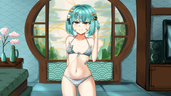1girl alienmangap bandaid bandaid_on_face bed belly bow bra bug butterfly commission hair_bow hair_ornament hair_ribbon highres inami_yoki indie_virtual_youtuber indoors insect knee_up knees_up looking_at_viewer navel panties ribbon skull_hair_ornament smile solo standing striped striped_bra striped_clothes table underwear underwear_only virtual_youtuber window x_hair_ornament