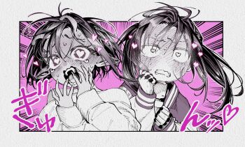 2girls absurdres antennae blush clenched_teeth commentary_request dashed_eyes eyelashes fangs fingernails hair_between_eyes heart heart-shaped_pupils highres jacket kujo_chiharu kurusu_makina_(milky_galactic_universe) letterman_jacket long_fingernails long_hair long_sleeves milky_subway monochrome multiple_girls open_mouth pointy_ears robot_girl short_hair sound_effects su5ooo sweat symbol-shaped_pupils tears teeth upper_body