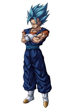 1boy absurdres blue_eyes blue_hair blue_pants blue_shirt boots commentary_request crossed_arms dougi dragon_ball dragon_ball_super earrings full_body gloves highres jewelry male_focus medium_hair muma_maximum76 muscular muscular_male orange_shirt pants potara_earrings purple_sash sash shirt simple_background solo spiked_hair super_saiyan super_saiyan_1 super_saiyan_blue vegetto white_boots white_gloves