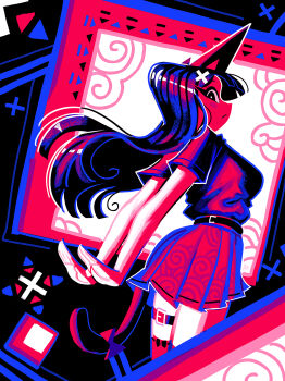 Rule 34 | 1girl, abstract background, andaerz, animal ears, arms behind back, belt, black eyes, black hair, black shirt, black tail, blush, blush stickers, bow, bow legwear, breasts, cat ears, cat girl, cat girl (andaerz), cat tail, highres, large ears, limited palette, long hair, looking at viewer, looking to the side, medium breasts, miniskirt, original, pleated skirt, shirt, short sleeves, skirt, tail, tail bow, tail ornament, thigh strap, thighhighs, zettai ryouiki