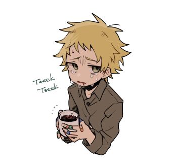 1boy animification bandaid bandaid_on_finger bandaid_on_hand blonde_hair character_name coffee coffee_mug collared_shirt commentary_request cropped_torso crying cup drooling green_eyes haizai holding holding_cup jitome long_sleeves looking_to_the_side male_focus mouth_drool mug open_mouth shirt short_hair solo south_park tears tweek_tweak