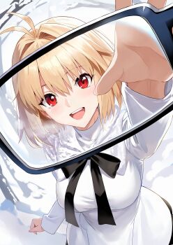 1girl absurdres arcueid_brunestud blonde_hair blush breasts commentary_request glasses highres i.f.s.f large_breasts long_sleeves looking_at_viewer neck_ribbon official_alternate_costume open_mouth outstretched_arm red_eyes ribbon short_hair smile snow sweater tsukihime tsukihime_(remake) white_sweater