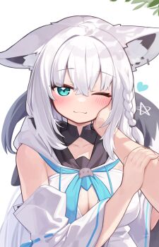 1girl 1other ;3 absurdres animal_ear_fluff animal_ears aqua_eyes blue_neckerchief blush braid breasts cleavage closed_mouth commentary_request deaver detached_sleeves ears_down fox_ears fox_girl fox_tail green_eyes hand_on_another's_cheek hand_on_another's_face highres holding_another's_arm hololive hood hood_down large_breasts looking_at_viewer neckerchief one_eye_closed open_mouth pentagram shirakami_fubuki shirakami_fubuki_(1st_costume) shirt simple_background single_braid solo_focus tail virtual_youtuber white_background white_hair white_shirt