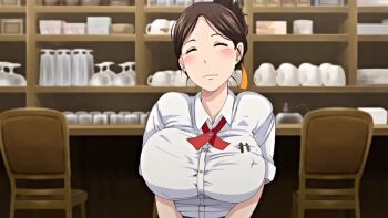 10s 1girl 2019 animated animated_gif blush bouncing_breasts bow bowtie breasts brown_hair closed_eyes collared_shirt earrings hair_ribbon housewife indoors jewelry large_breasts mature_female mole mole_under_eye okusan_(yue_ni_hitozuma_wa_netorareta) queen_bee_(animation_studio) restaurant ribbon shirt standing tagme waitress waitress_uniform white_shirt yue_ni_hitozuma_wa_netorareta
