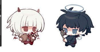 2boys akinashi_haru angel_and_devil art_program_in_frame axe black_hair black_pants black_suit blood blood_on_axe blood_on_clothes bloody_knife blue_eyes blue_halo brown_cardigan cardigan chibi chinese_commentary collared_shirt commentary_request detached_wings dress_shirt formal_clothes full_body halo highres holding holding_axe holding_knife horns jacket knife male_focus multiple_boys necktie pants pingguo_xindi_cui red_eyes red_horns red_necktie red_pants saihate_eki shirt short_hair suit suit_jacket tatsunami_shion white_hair white_shirt wings