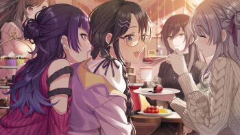 5girls blue_eyes braid brown_hair closed_eyes cup cupcake earrings feeding food fruit game_cg glasses grey_hair heart holding idolmaster idolmaster_shiny_colors idolmaster_shiny_colors_song_for_prism jewelry l&#039;antica_(idolmaster) mitsumine_yuika mug multicolored_hair multiple_girls necklace official_art plate profile purple_eyes purple_hair red_eyes shirase_sakuya spoon strawberry table tanaka_mamimi tsukioka_kogane turtleneck yellow_eyes yukoku_kiriko