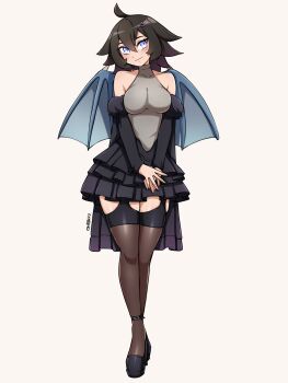1girl ahoge bare_shoulders black_hair black_shoes black_skirt black_thighhighs blue_eyes breasts closed_mouth commentary commission detached_sleeves double-parted_bangs dragon_girl dragon_wings english_commentary frilled_skirt frills full_body garter_straps grey_background grey_shirt hair_between_eyes hair_ornament highres large_breasts long_sleeves looking_at_viewer oninuer original own_hands_together shirt shoes short_hair simple_background skirt sleeveless sleeveless_shirt sleeveless_turtleneck smile solo standing thighhighs turtleneck turtleneck_shirt wings
