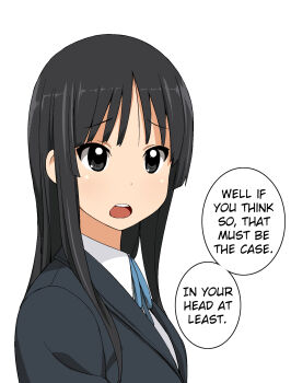 Rule 34 | 1girl, a1 (initial-g), akiyama mio, black eyes, black hair, blazer, blush, english text, female focus, hard-translated, highres, jacket, k-on!, long hair, open mouth, portrait, ribbon, school uniform, simple background, solo, third-party edit, translated, white background