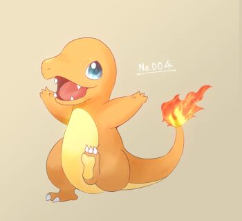 blue_eyes charmander claws commentary_request fangs fire flame-tipped_tail full_body gen_1_pokemon nintendo no_humans open_mouth outstretched_arms pokedex_number pokemon pokemon_(creature) simple_background sleeveless solo spread_arms tail yuu_8248