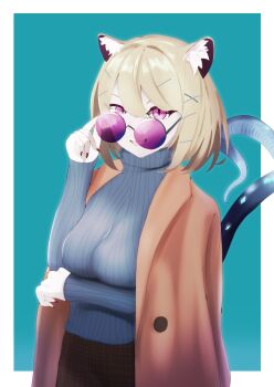 1girl adjusting_eyewear adjusting_glasses animal_ears arknights breasts brown_coat brown_hair brown_jacket brown_legwear cat_ears cleavage coat female_focus grin hair_between_eyes hair_ornament hairpin highres jacket looking_at_viewer looking_over_eyewear looking_over_glasses nail_polish notidesu open_mouth pants pink_eyes purple-tinted_eyewear purple-tinted_eyewear rimless_eyewear round_eyewear sharp_nails sharp_teeth short_hair simple_background smile solo sunglasses sweater tagme tail teeth tinted_eyewear turtleneck turtleneck_sweater utage_(arknights)