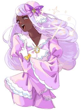 Rule 34 | 1girl, ascot, breasts, dark-skinned female, dark skin, dress, fascinator, frilled ascot, frills, glove bow, gloves, hair ornament, highres, jacinthe (pokemon), juliet sleeves, long hair, long sleeves, low drills, mega stone, nintendo, open mouth, pokemon, pokemon legends: z-a, pon (ponymmtknsk), puffy sleeves, purple dress, purple eyes, purple hair, simple background, smile, solo, sparkle, teeth, upper teeth only, very dark skin, white background, white gloves