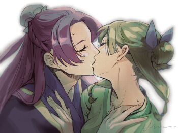 1boy 1girl beads blue_ribbon blue_robe breasts bun_cover chii_(chi_hrd) closed_eyes collarbone couple green_shirt hair_beads hair_bun hair_ornament hair_ribbon half_updo hand_on_another&#039;s_chest hetero highres jinshi_(kusuriya_no_hitorigoto) kusuriya_no_hitorigoto light_blush long_hair maomao_(kusuriya_no_hitorigoto) medium_breasts parted_bangs purple_hair ribbon robe shirt sidelocks signature sweat upper_body white_background