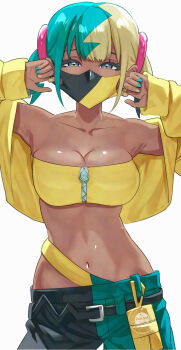 1girl aqua_hair aqua_pants bandeau bare_shoulders black_hair black_mask blue_eyes breasts canari_(pokemon) cleavage collarbone commentary_request dark-skinned_female dark_skin grey_background highres looking_at_viewer mask mouth_mask multicolored_hair navel nintendo pants pokemon pokemon_legends:_z-a simple_background solo stomach two-tone_mask uenoryoma white_background yellow_bandeau yellow_mask