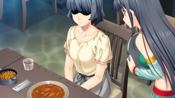 10s 2girls black_eyes black_hair chair character_request food fukami_nagisa game_cg highres koutaro long_hair multiple_girls short_hair table tropical_kiss tropical_vacation twinkle_(company)