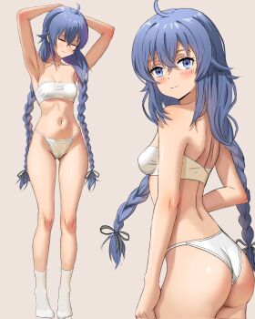 1girl ahoge armpits arms_behind_head arms_up ass back bikini black_ribbon blue_eyes blue_hair blush braid breasts cameltoe closed_mouth collarbone commentary crossed_bangs english_commentary from_behind full_body gluteal_fold gradient_background grey_background groin hair_between_eyes hair_ribbon highres josival long_braid long_hair looking_at_viewer looking_back median_furrow medium_breasts multiple_views mushoku_tensei navel ribbon roxy_migurdia shoulder_blades socks standing strapless strapless_bikini string_bikini swimsuit thighs twin_braids very_long_hair white_bikini white_socks