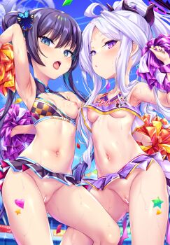 2girls alternate_costume arm_up armpits bar_censor black_hair blue_archive breasts censored cheerleader commentary_request crop_top hair_bun hair_ornament halo highres hina_(blue_archive) holding holding_pom_poms horns kisaki_(blue_archive) long_hair looking_at_viewer miniskirt multiple_girls navel nipples one_breast_out open_mouth outdoors paid_reward_available pleated_skirt pom_pom_(cheerleading) pom_poms purple_eyes pussy skirt sleeveless small_breasts stomach sweat tongue toraishi_666 twintails variant_set white_hair