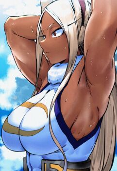 1girl absurdres animal_ears armpits arms_behind_head arms_up artist_collaboration bare_shoulders blue_sky boku_no_hero_academia breasts clauschristmas cloud cloudy_sky colorized commentary covered_navel crescent_print dark-skinned_female dark_skin english_commentary fur_collar highres large_breasts leotard long_eyelashes long_hair looking_ahead mirko parallaxfused parted_bangs parted_lips rabbit_ears rabbit_girl red_eyes sky sleeveless_turtleneck_leotard solo sweat taut_leotard toned toned_female upper_body very_long_hair white_hair white_leotard