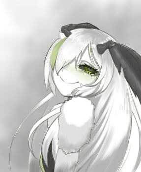 1girl absurdres antennae arthropod_girl black_sclera colored_sclera colored_skin green_eyes green_hair hair_over_one_eye highres indie_virtual_youtuber insect_girl juniper_actias long_hair looking_at_viewer monster_girl moth_antennae moth_girl multicolored_hair sioell smile solo virtual_youtuber white_hair white_skin