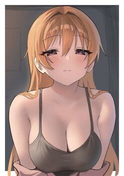1girl bare_arms bare_shoulders black_shirt blush breasts brown_hair cardigan_partially_removed cleavage closed_mouth hair_between_eyes half-closed_eyes highres konoe_kanata large_breasts leaning_forward long_hair looking_at_viewer love_live! love_live!_nijigasaki_high_school_idol_club purple_eyes shirt solo spaghetti_strap tank_top yuu_(shampoohatslime)