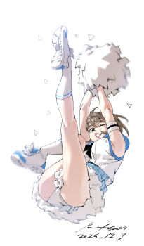 1girl absurdres ass brown_eyes brown_hair cheerleader commentary dress falling full_body highres looking_at_viewer nabipenciller one_eye_closed original panties pom_pom_(cheerleading) sailor_collar shoes smile sneakers solo underwear white_panties